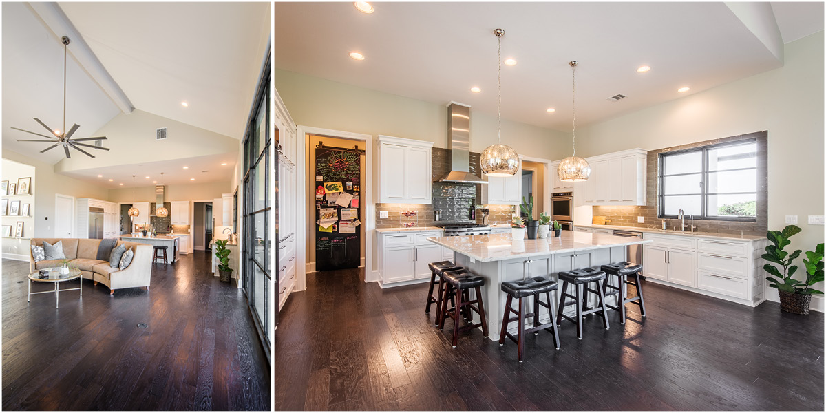 3911-3 Open concept modern farmhouse with spacious living room, sectional sofa, and white kitchen featuring a large island, pendant lights, and barstools.