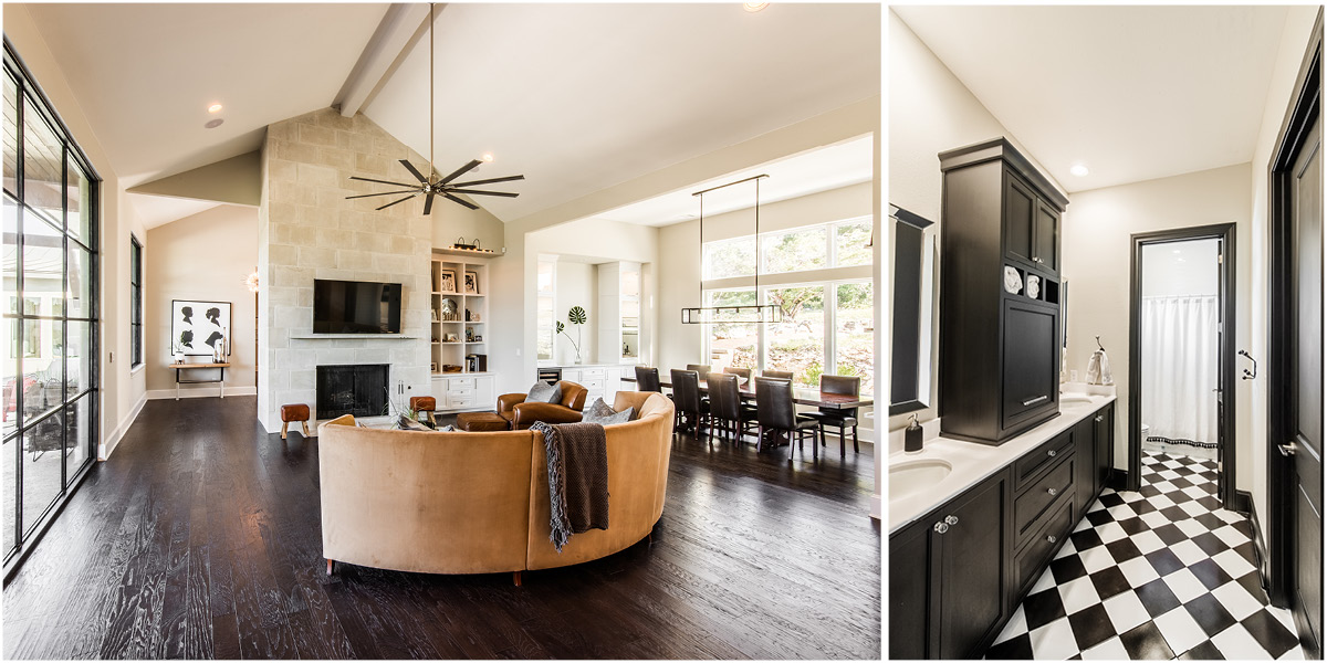 3911-4 Modern farmhouse living room with stone fireplace, round leather sofa, and open dining area. Alt Tag: Black and white bathroom with dual sinks, tall cabinets, and checkerboard tile flooring.