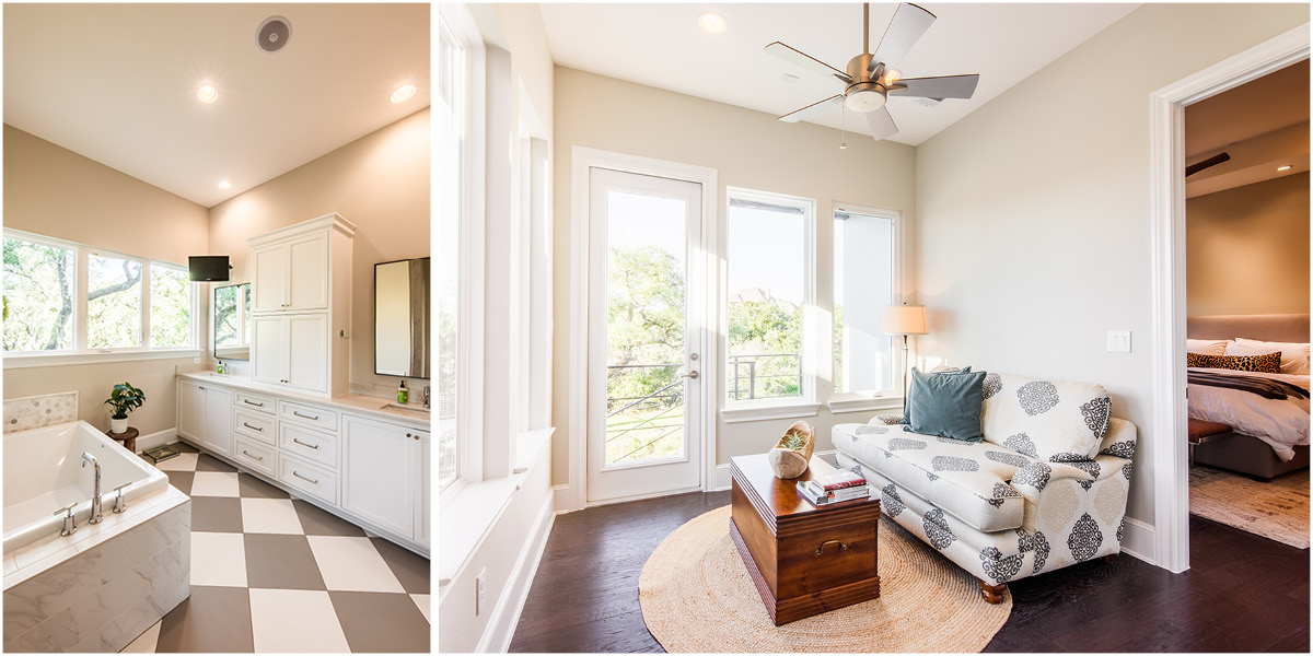 3911-5 Modern farmhouse interiors featuring a spacious bathroom with checkered tile floors, soaking tub, and white cabinetry on the left, alongside a bright sitting area with patterned loveseat, ceiling fan, and access to a balcony on the right.