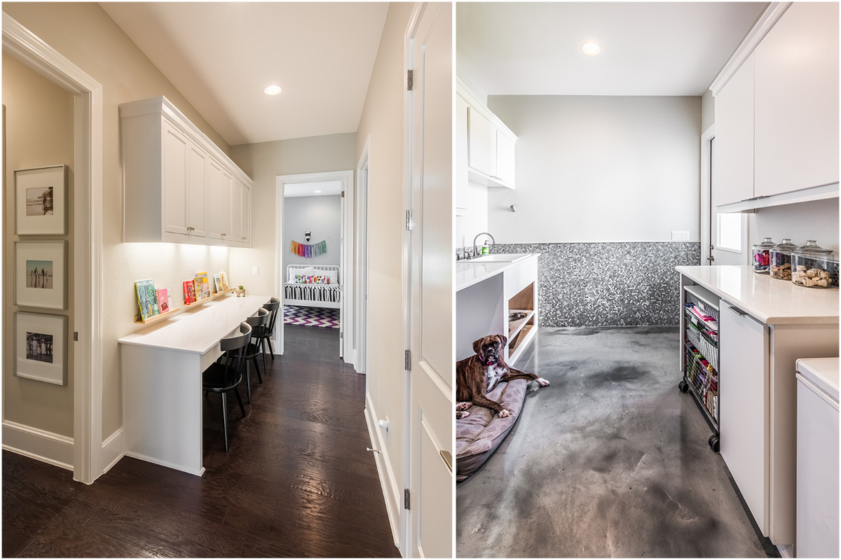 3911-6 Modern farmhouse interior showing a built-in hallway desk with cabinets and kids’ seating area on the left, alongside a bright utility room with storage, sink, and a dog resting on a bed on the right.