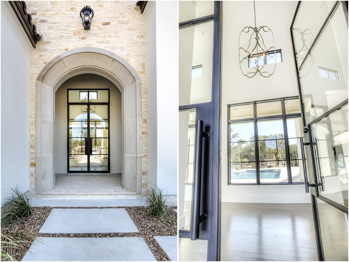 Spanish Revival entry showing stone arch with iron lantern outside and interior view of glass doors opening to bright living space with pool views.