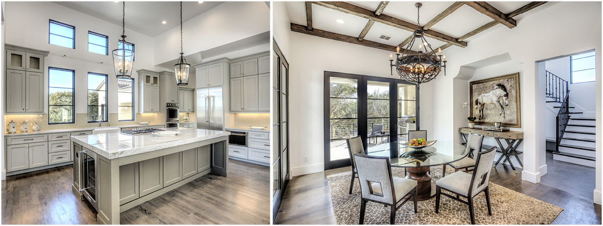 4030-6 Spanish Revival kitchen with high ceilings, large island, and tall windows next to a dining area featuring wood ceiling beams and wrought iron chandelier.