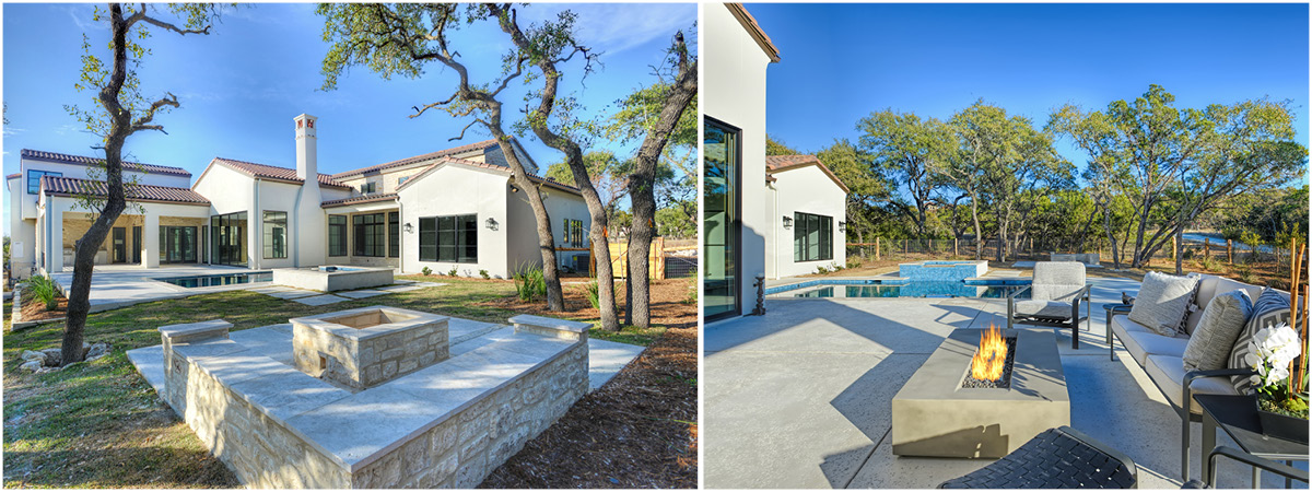 4030-8 Spanish Revival backyard with stone firepit seating area, swimming pool, lounge chairs, and mature oak trees in Cordillera Ranch.