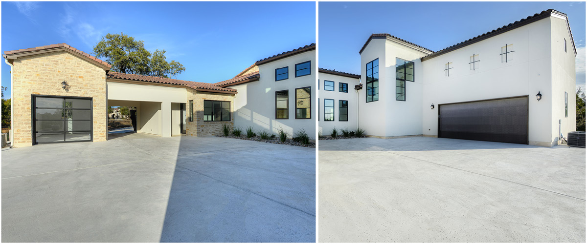 4030-9 Spanish Revival home exterior featuring a wide driveway, arched garage entry, clay tile roof, and large modern windows in San Antonio.
