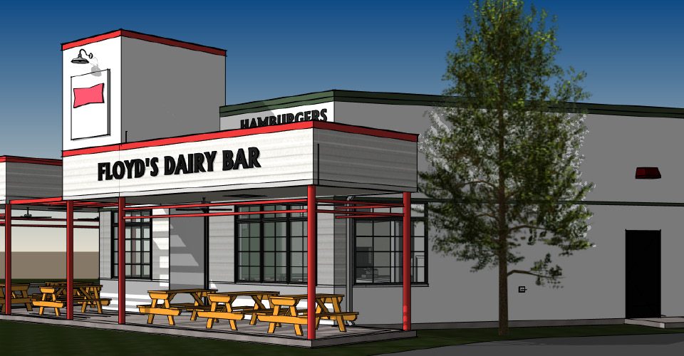 Architectural rendering of Floyd’s Dairy Bar angled exterior view with canopy, outdoor picnic tables, large signage, and updated building structure.