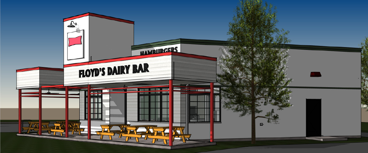 FLOYDS - Architectural rendering of Floyd’s Dairy Bar angled exterior view with canopy, outdoor picnic tables, large signage, and updated building structure.