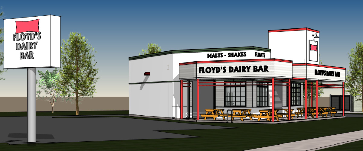 FLOYDS -2 Exterior rendering of Floyd’s Dairy Bar renovation showing front façade with signage, red framing details, outdoor picnic seating, and large parking lot.