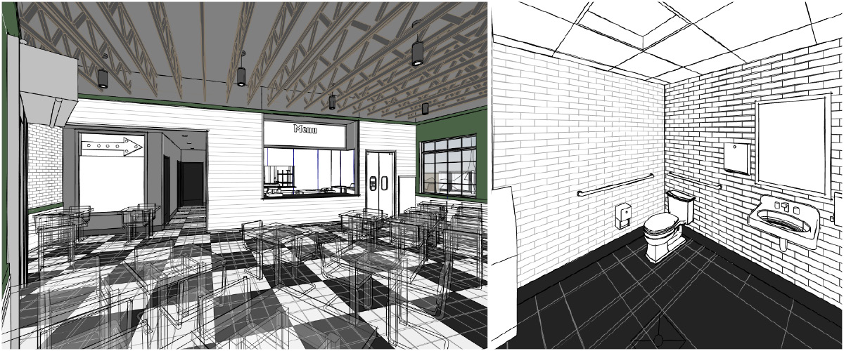 FLOYDS -3 Interior rendering of Floyd’s Dairy Bar dining room and restroom design featuring checkered floors, brick walls, menu counter window, and accessible restroom layout.