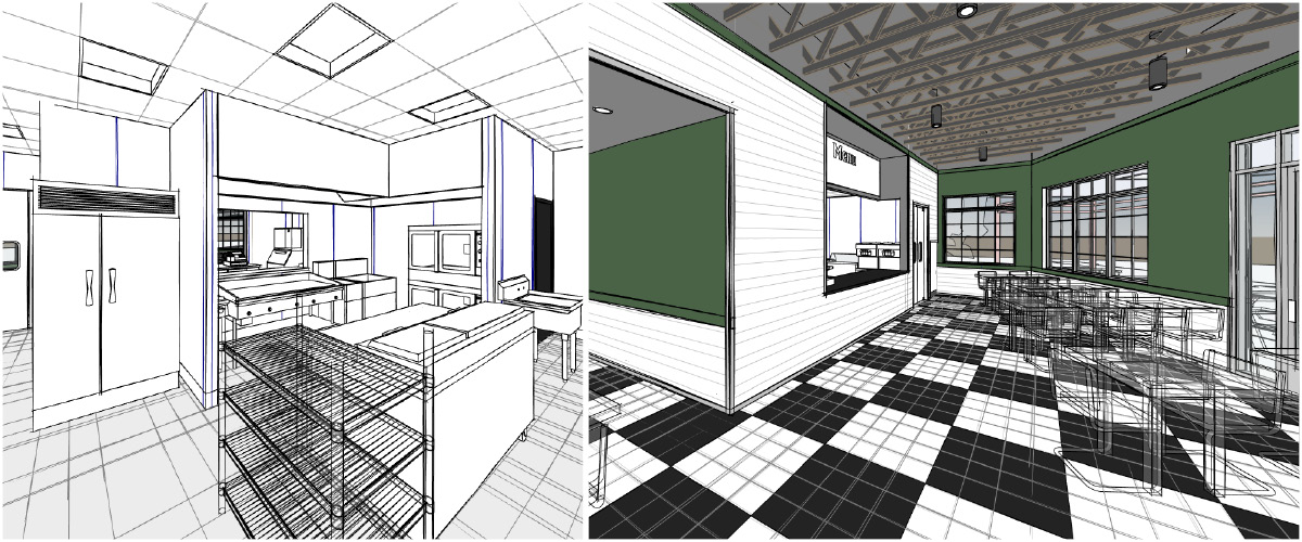 FLOYDS -4 Architectural rendering of Floyd’s Dairy Bar kitchen and dining area renovation showing counter space, appliances, black and white checkered flooring, and open truss ceiling with seating layout.