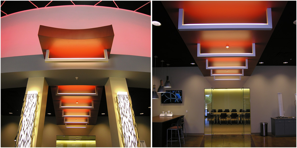FSG - Ceiling lighting design with red accent panels at FSG Lighting office.