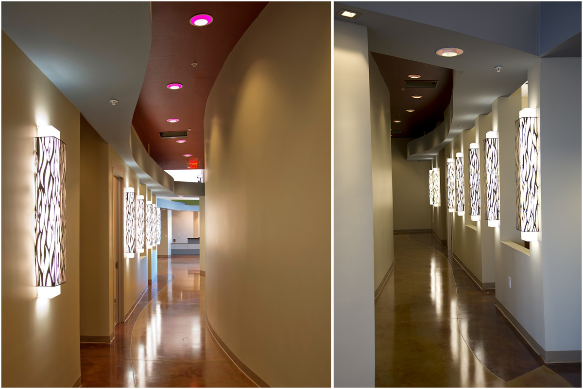 FSG -3 Illuminated hallway with custom lighting fixtures at FSG Lighting office.
