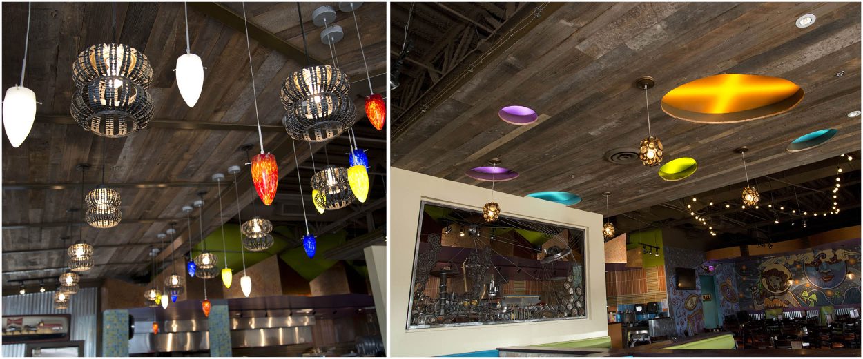 MELLOW MUSHROOM-3 Colorful pendant lighting and rustic wood ceiling detail showcasing reclaimed materials in Mellow Mushroom renovation.