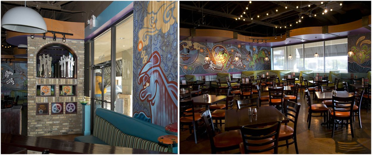 MELLOW MUSHROOM-5 Dining area entry with mural artwork, booth seating, and eclectic interior finish-out at Mellow Mushroom Stone Oak.