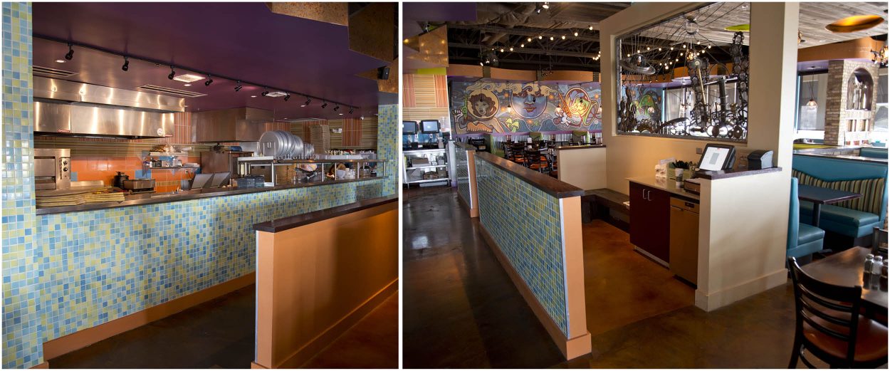 MELLOW MUSHROOM-6 Open kitchen view with colorful tiled counter and stainless steel appliances at Mellow Mushroom San Antonio renovation.