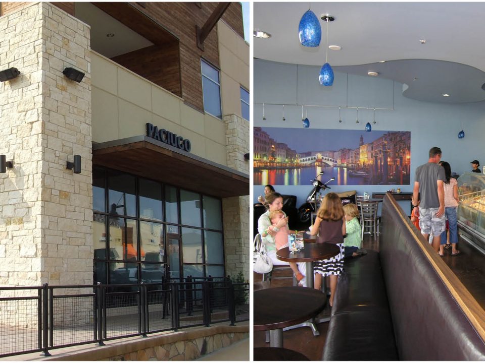 Exterior of Paciugo gelato shop with stone façade and interior view featuring seating and gelato display counter.