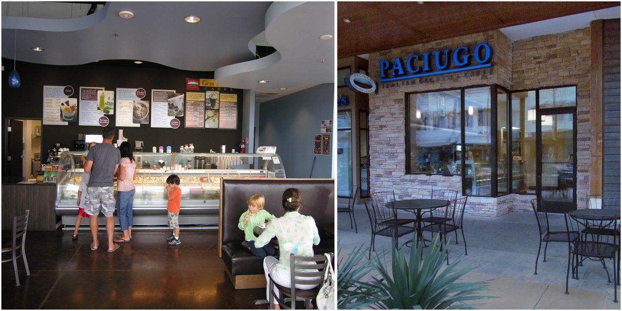 Family ordering at Paciugo gelato counter with interior seating and exterior view of the stone façade entrance.