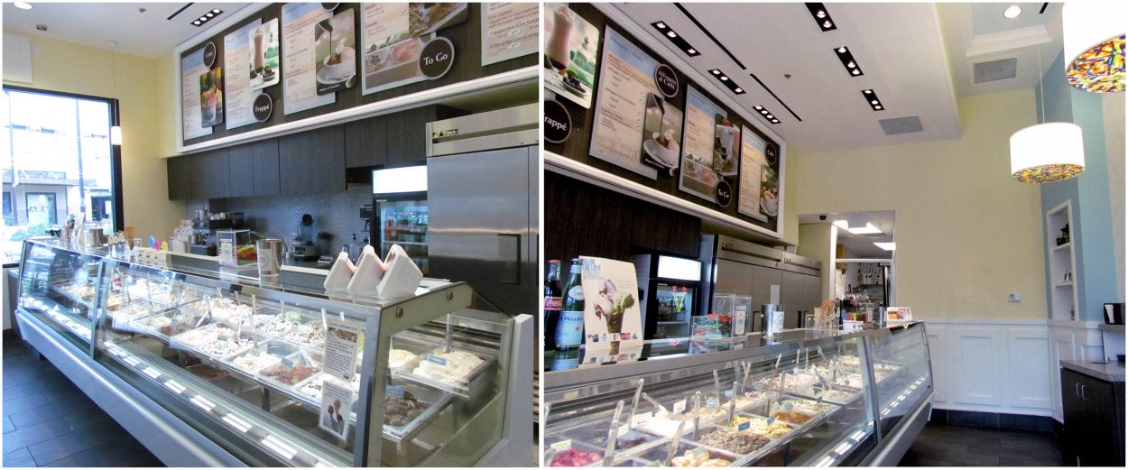 Interior view of Paciugo Italian Gelato store in San Antonio with modern gelato display case and wall-mounted menu boards.