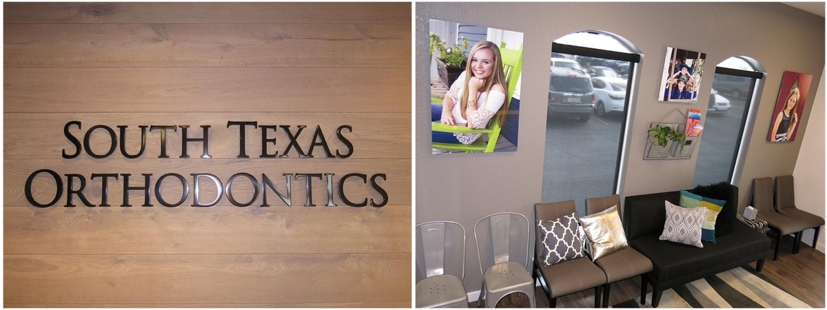 Interior signage wall with "South Texas Orthodontics" lettering next to modern waiting area seating and portraits.