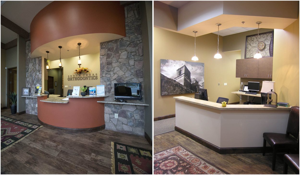 STO-3 Reception area with stone feature wall, warm lighting, and front desk design at South Texas Orthodontics.