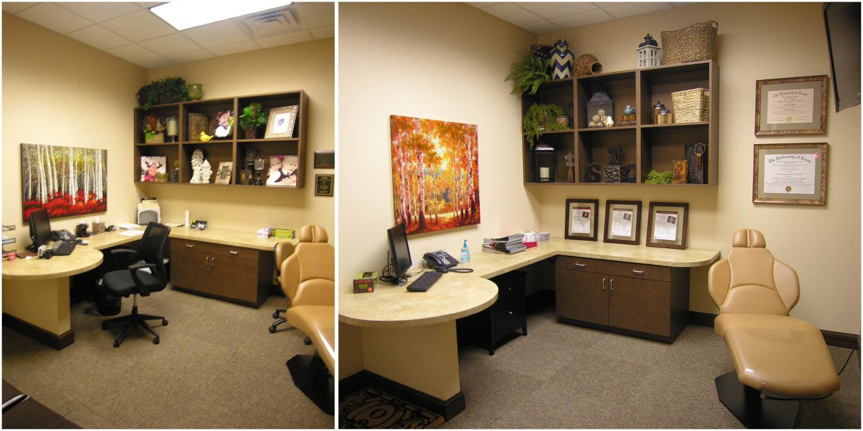 STO-4 Modern orthodontics office interior with private consultation desks, wall art, and shelving decor at South Texas Orthodontics in San Antonio.