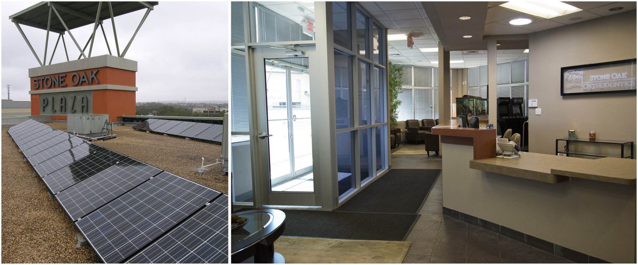 Stone Oak Orthodontics LEED-certified project in San Antonio – rooftop solar panels and welcoming reception area.