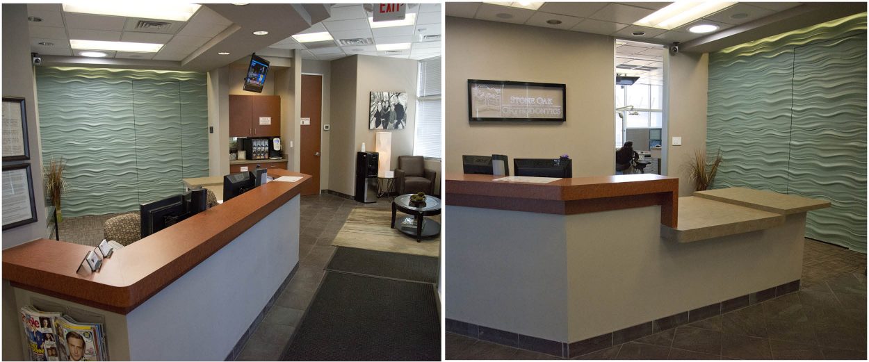 Stone Oak Orthodontics San Antonio healthcare renovation – reception area with modern finishes and wave wall design.