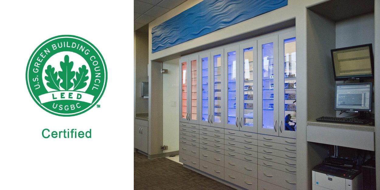 Stone Oak Orthodontics LEED-certified design – sustainable cabinetry, storage, and technology integration in San Antonio healthcare office.