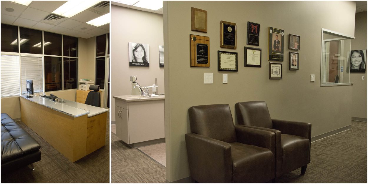 Stone Oak Orthodontics San Antonio office renovation – modern exam room and reception seating with awards and certifications displayed.