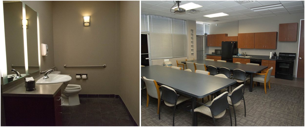 Stone Oak Orthodontics healthcare office renovation in San Antonio – LEED-certified design with restroom and staff breakroom interior.