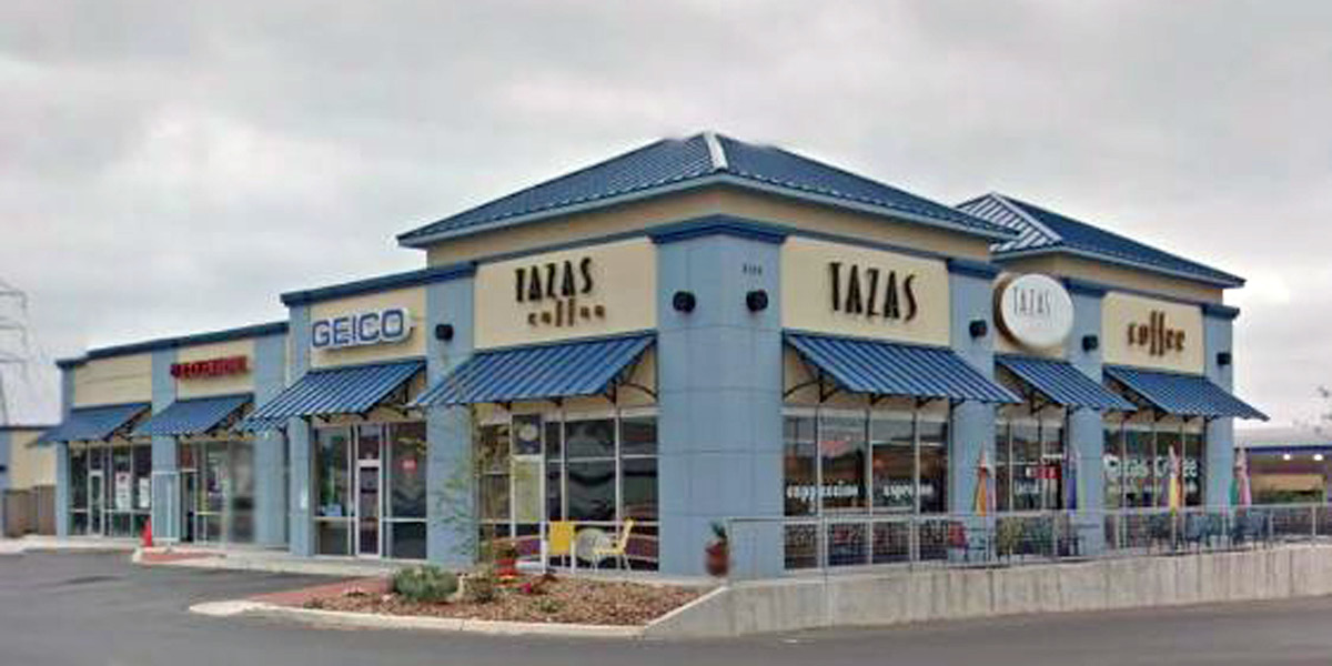 agora -2 Agora Place retail center with Geico and Tazas Coffee tenants, blue awnings, and street-facing storefronts.