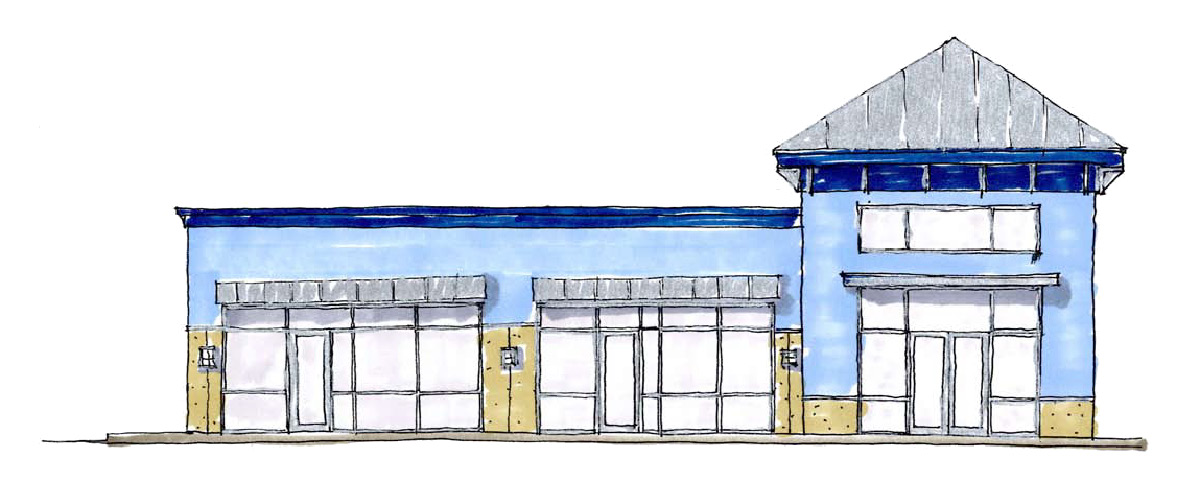 agora -3 Architectural rendering of Agora Place retail center with blue exterior walls and pitched roof design.