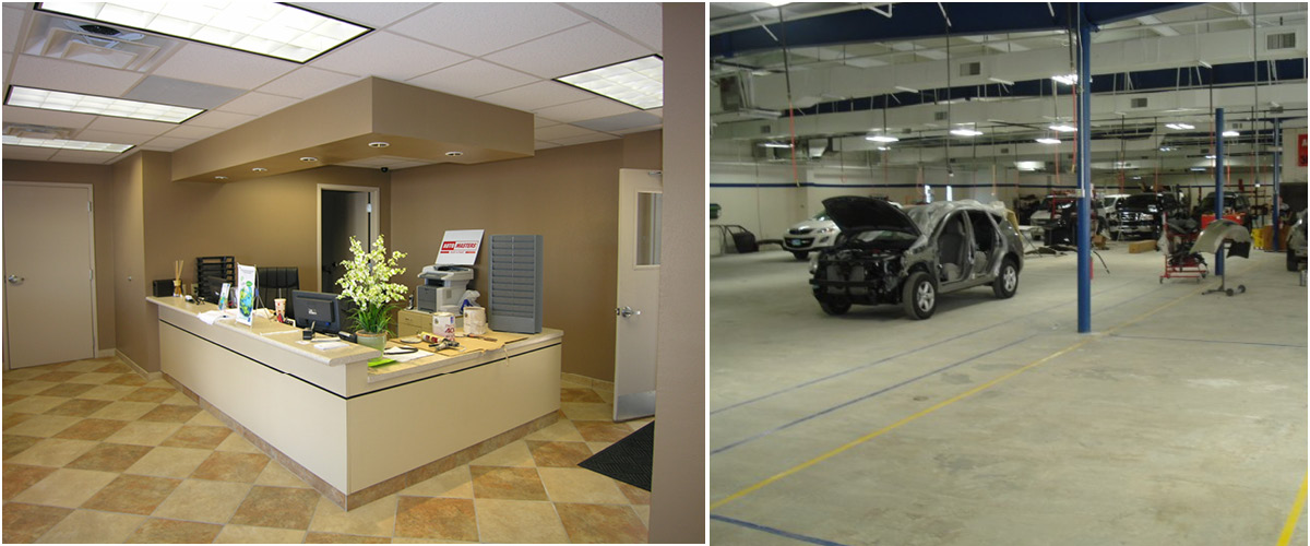 autobody -3 Collage showing autobody shop reception area and large vehicle repair bay with cars being serviced