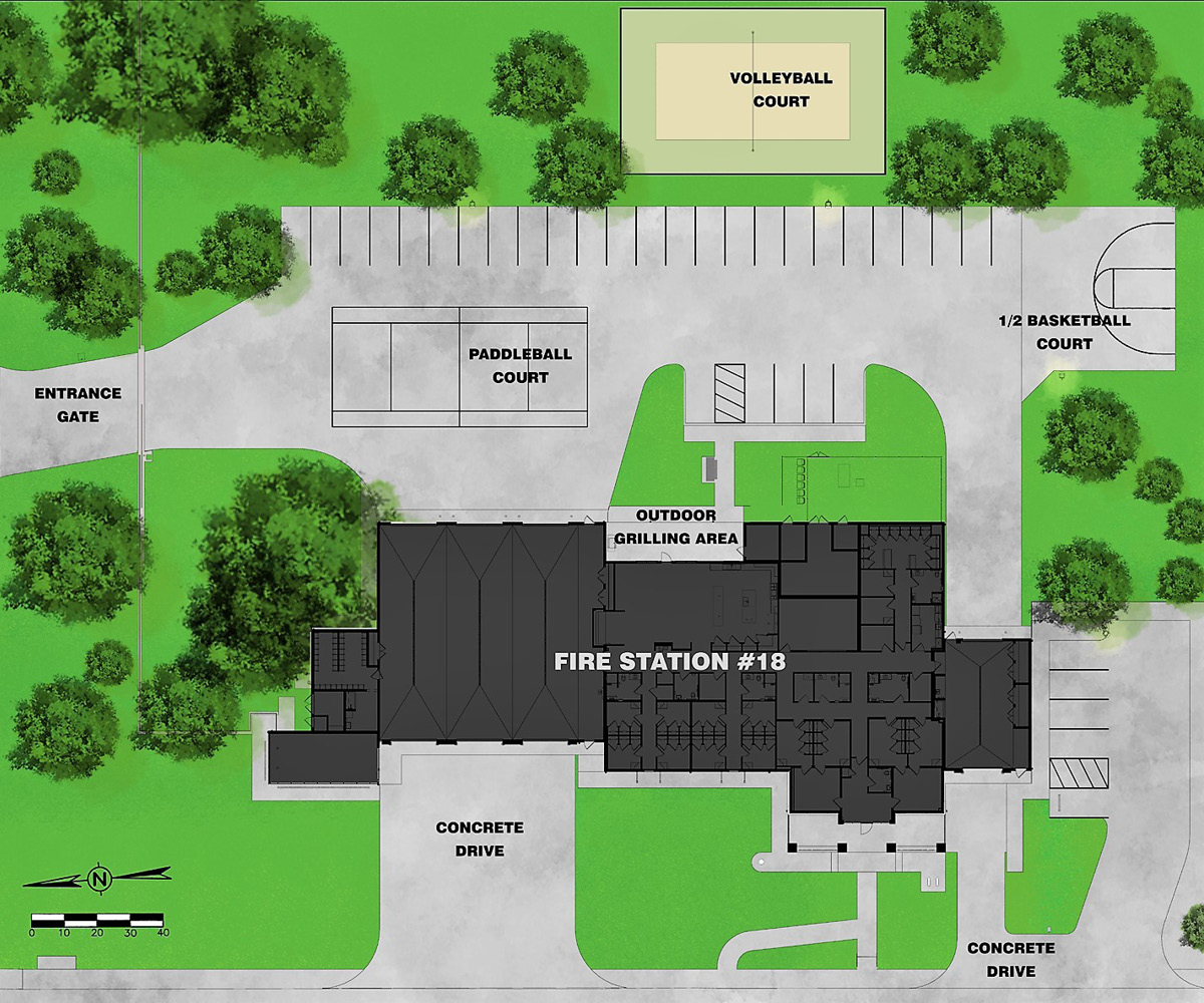 cosa fs18-2 Fire station site plan – Aerial site plan of Fire Station 18 with volleyball, paddleball, and basketball courts.