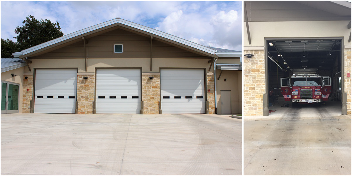 cosa fs18-3 Apparatus bay with fire truck – Three-bay garage with a fire truck parked inside.