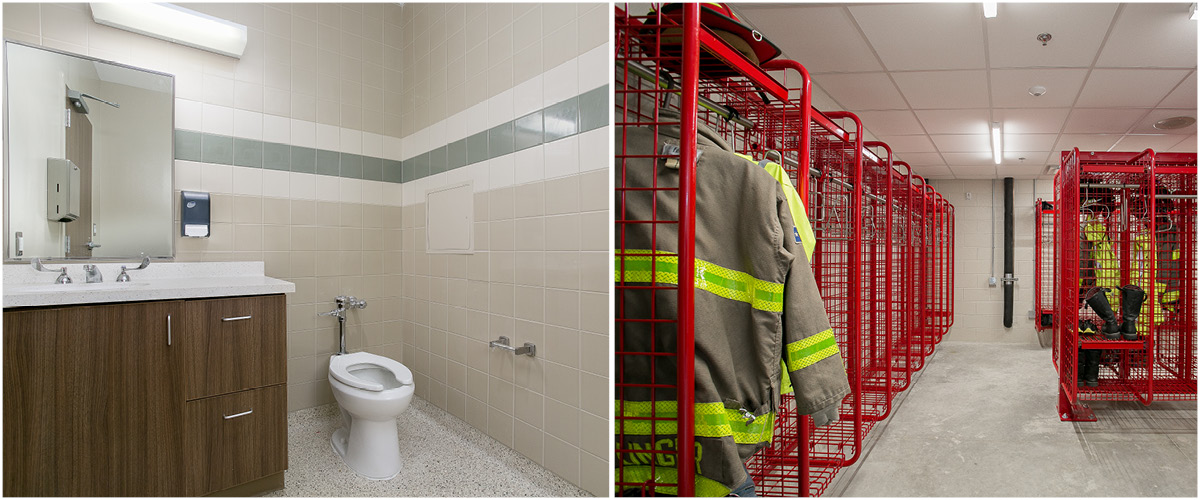 cosa fs18-4 Restroom and gear lockers – Fire station restroom and firefighter gear storage lockers with uniforms.