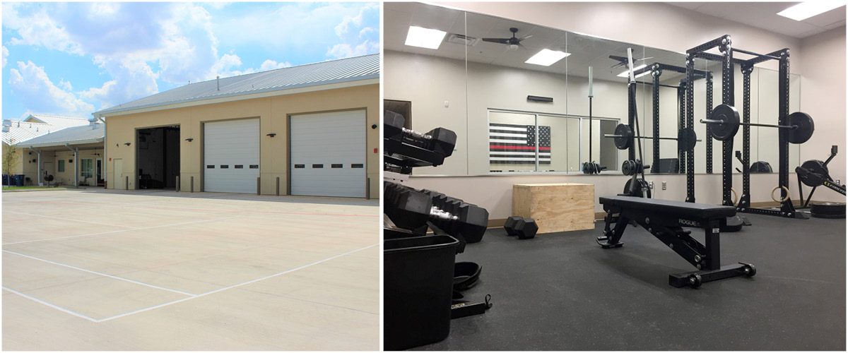 cosa fs18-6 Apparatus bay and weight room – View of apparatus bay exterior alongside the interior firefighter weight training room.