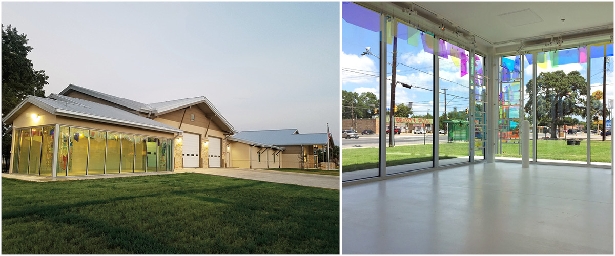 cosa fs18-8 Exterior with glass gallery and bays – Modern fire station exterior with glass-walled gallery space and multiple vehicle bays.