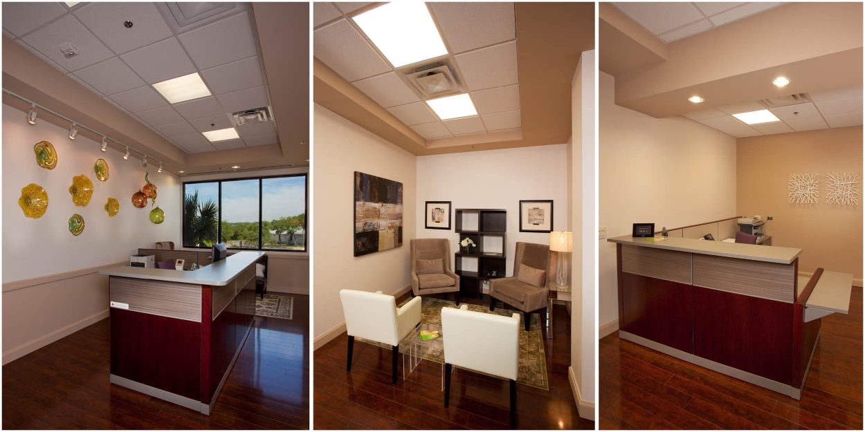 RI-LIN Office Finish-Out – Modern reception and lounge area design for new American headquarters in San Antonio office finish-out project.