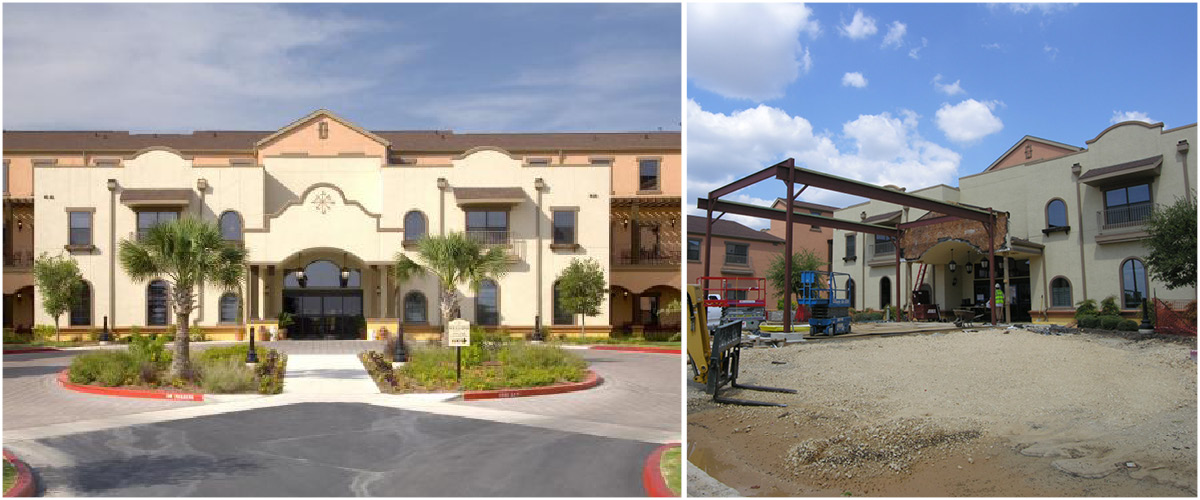 villa SA -2 Construction progress and front elevation of Villa de San Antonio porte-cochere addition.