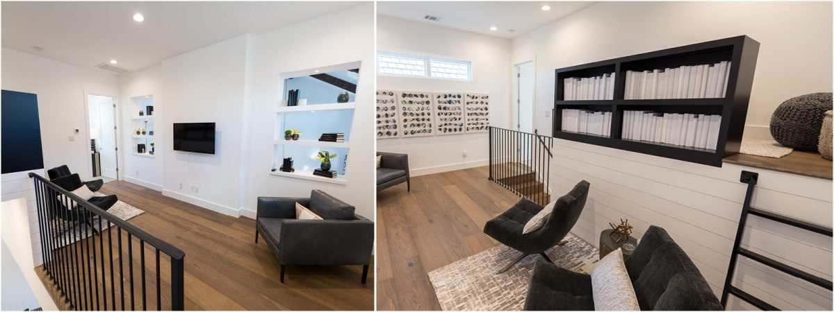 3674-12 Modern loft area with hardwood floors, black metal railings, built-in shelving, and cozy lounge seating under bright natural light.