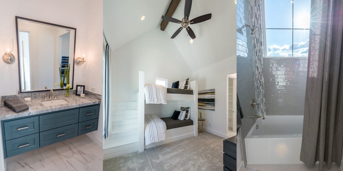 3674-13 Modern home interiors highlighting a sleek marble bathroom vanity, custom bunk beds beneath vaulted ceilings, and a sunlit tiled shower.