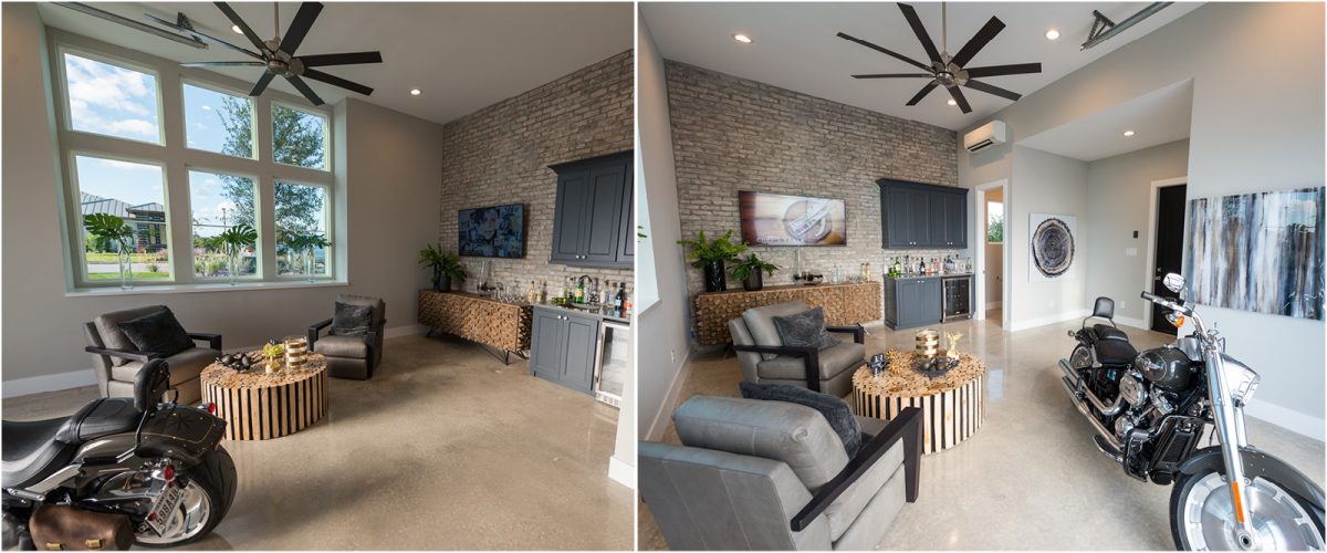 3674-14 Modern game room with exposed brick accent wall, bar seating, and polished concrete floors, complete with motorcycle display.