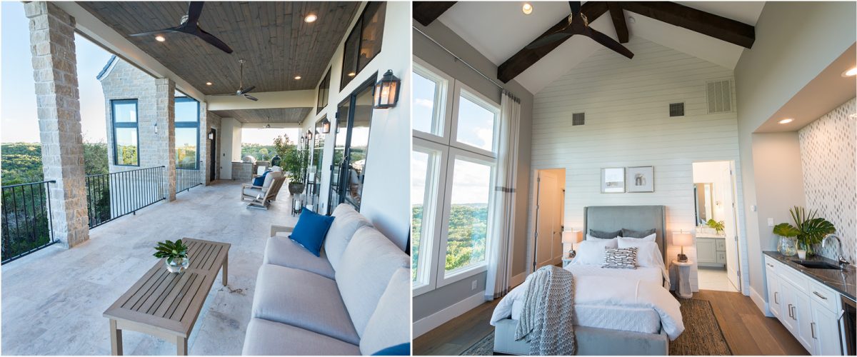 3674-15 Modern home design featuring an cozy outdoor patio area and a serene bedroom with large windows.