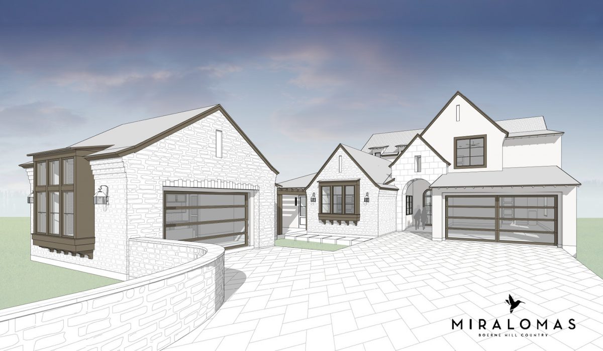 Architectural rendering of a modern French country home with stone exterior, arched entryway, and dual garages at Miralomas in Boerne Hill Country.