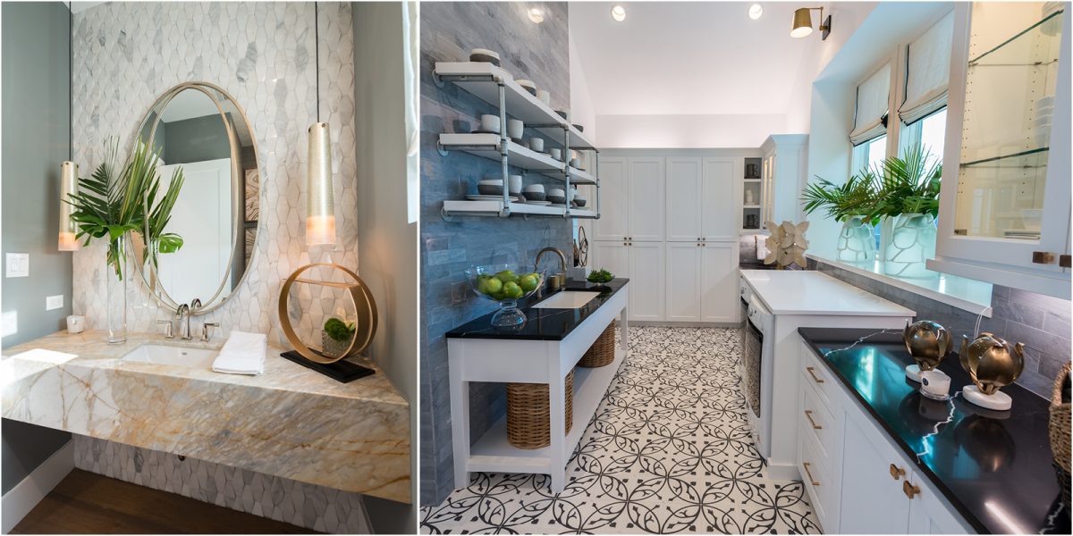Bathroom sink with marble vanity and round mirror next to a laundry room with patterned tile and open shelving.