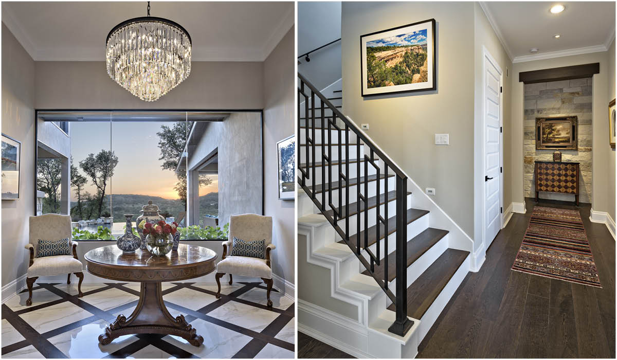 4690-3 Interior design of San Antonio Hill Country home featuring foyer, chandelier, and hallway with custom details by MSA