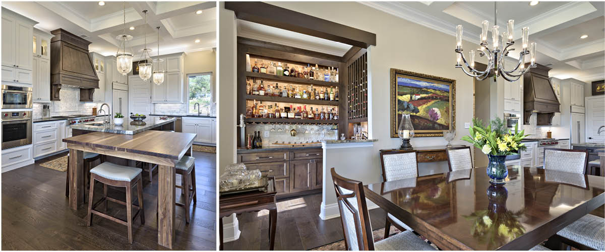 4690-5 Open-concept kitchen and dining room with custom wood hood, marble island, and bar area designed by MSA Architecture + Interiors
