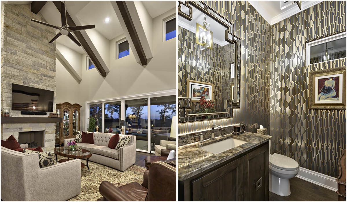 4690-6 Transitional Hill Country interior featuring a spacious living room with exposed beams and a designer powder bath with statement finishes