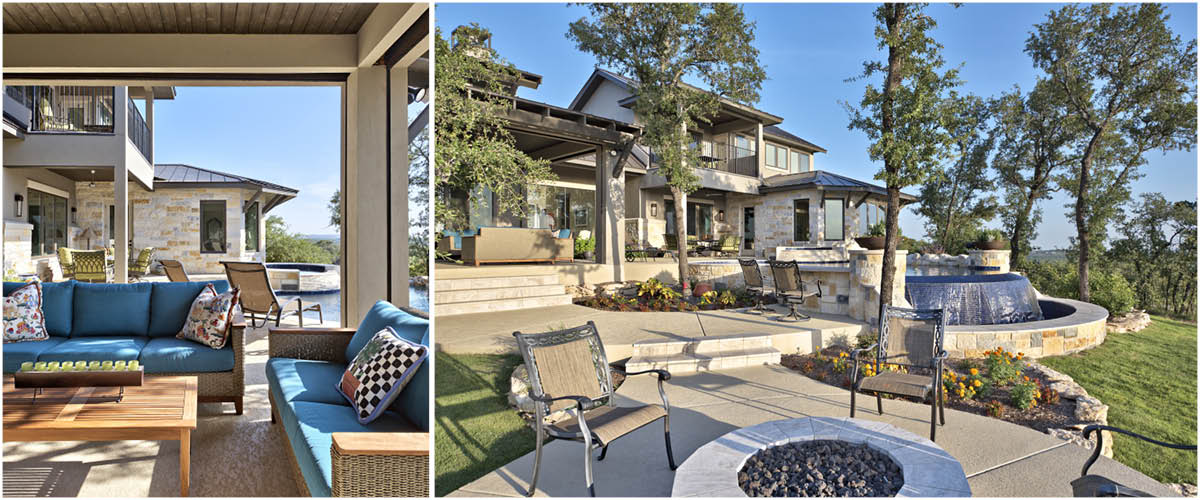 4690-8 Transitional Hill Country home with spacious covered patio, outdoor lounge, and landscaped terrace for entertaining