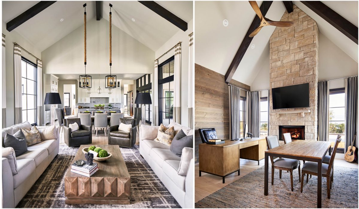 Refined interior featuring a spacious living room with exposed beams, modern lighting, and an adjoining home office with stone fireplace